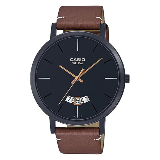 Casio MTP-B100BL-1E brown leather strap black analog dial mens casual watch