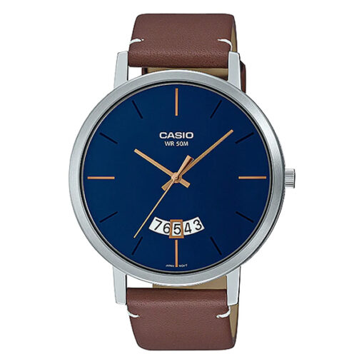 Casio-MTP-B100L-2E brown leather strap blue analog dial mens wrist watch