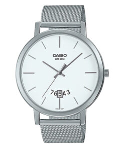 Casio MTP-B100M-7E silver mesh strap white analog dial mens wrist watch