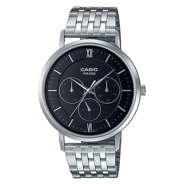 Casio MTP-B300D-1A stainless steel men’s watch with black dial, day, date, and 24-hour subdials – elegant multifunction design.