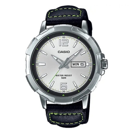 Casio MTP-E119L-7A black leather band white simple analog dial mens wrist watch