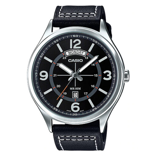 Casio MTP-E129L-1A black leather band black analog dial mens wrist watch