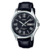 Casio MTP-E131LY-1A black leather strap black roman dial mens wrist watch