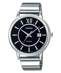 Casio MTP-E134D-8B silver stainless steel black simple analog dial mens wrist watch