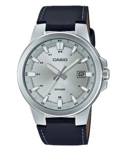 Casio MTP-E173L-7A black leather band grey analog dial mens wrist watch