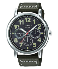 Casio MTP-E309L-3A green leather band mens black multi hand dial wrist watch