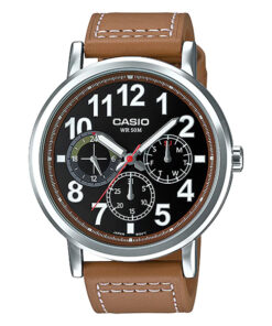 Casio MTP-E309L-5A brown leather band mens black multi hand dial wrist watch