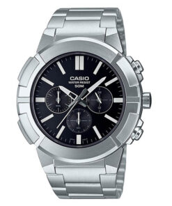 Casio MTP-E500D-1A silver stainless steel black chronograph dial mens wrist watch