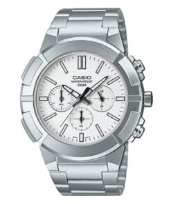 Casio MTP-E500D-7A silver stainless steel white chronograph dial mens wrist watch