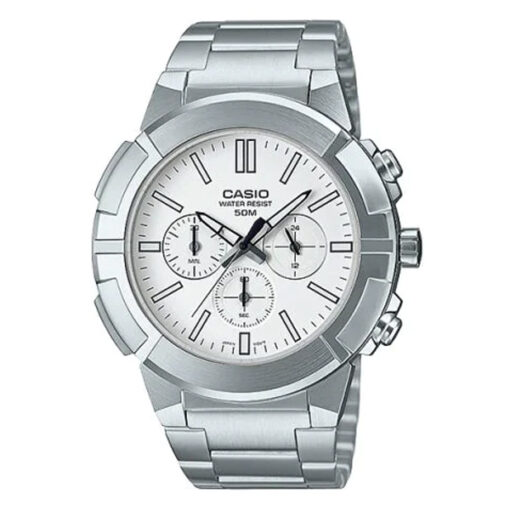 Casio MTP-E500D-7A silver stainless steel white chronograph dial mens wrist watch