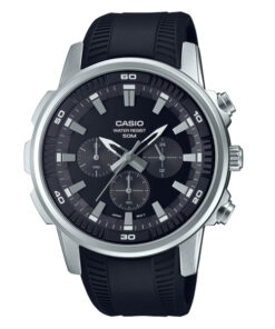 Casio MTP-E505-1A black resin band black chronograph dial mens wrist watch