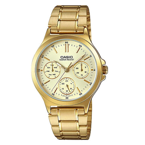 Casio MTP-V300G-9A golden stainless steel multi hand dial mens wrist watch