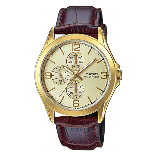 Casio MTP-V301GL-9A goldn multi hand dial brown leather strap mens gift watch