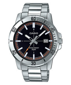 Casio MTP-VD01D-1E2 black simple analog dial silver stainless steel chain mens wrist watch