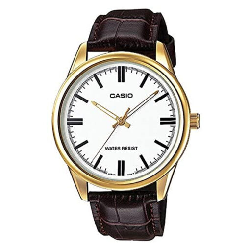Casio MTP-VOO5GL-7A brown leather strap white dial mens analog wrist watch