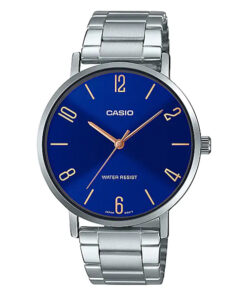Casio MTP-VTO1D-2B2 silver stainless steel blue numeric dial mens hand watch