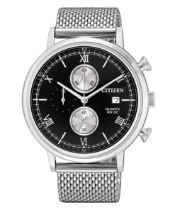 Citizen AN-3610-80E silver mesh strap mens black chronograph sports wrist watch