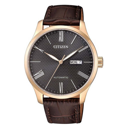 Citizen NH-8353-00H brown leather band black textured dial mens analog wrist watch