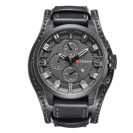 Curren 8225 black leather strap black chronograph dial mens sports wrist watch