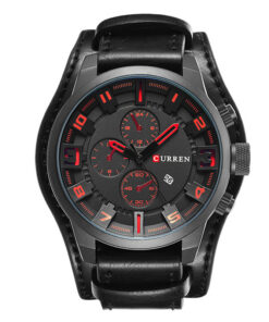 Curren 8225 black leather strap red black chronograph dial mens sports wrist watch