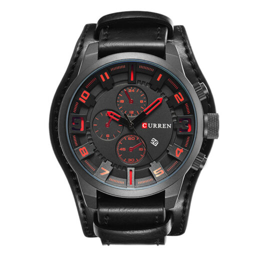 Curren 8225 black leather strap red black chronograph dial mens sports wrist watch