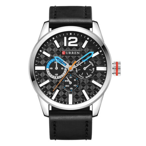 Curren 8247 black leather strap black multi hand dial blue hands mens wrist watch