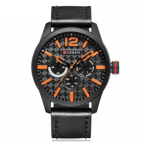 Curren 8247 black leather strap black multi hand dial orange hands mens wrist watch
