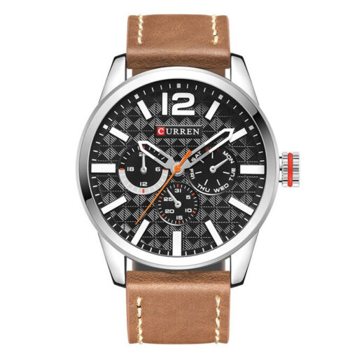 Curren 8247 brown leather strap black multi hand dial mens casual wristwatch