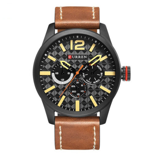 Curren 8247 brown leather strap black multi hand dial mens casual wristwatch