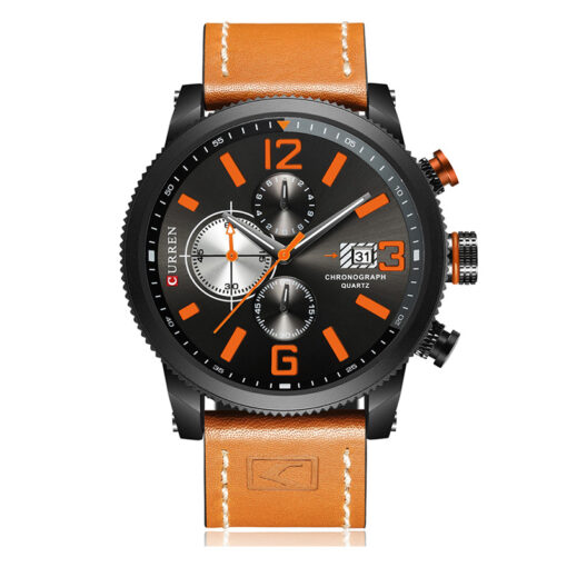 Curren 8281 orange leather strap black chronograph dial mens dress wrist watch