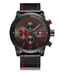 Curren 8281 black leather strap red black chronograph dial mens sports wrist watch