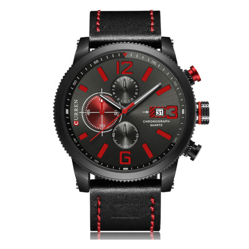 Curren 8281 black leather strap red black chronograph dial mens sports wrist watch