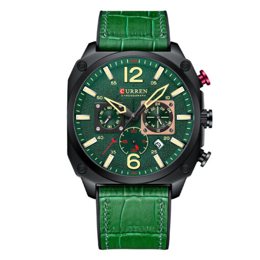 Curren 8398 green leather strap green chronograph dial mens sports wrist watch