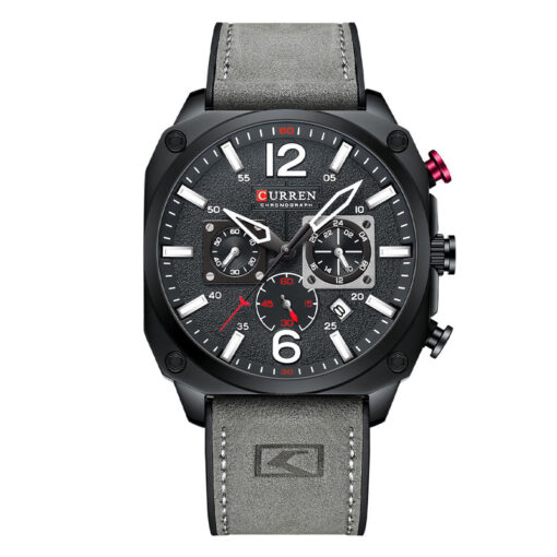 Curren 8398 grey leather strap black chronograph dial mens sports wrist watch