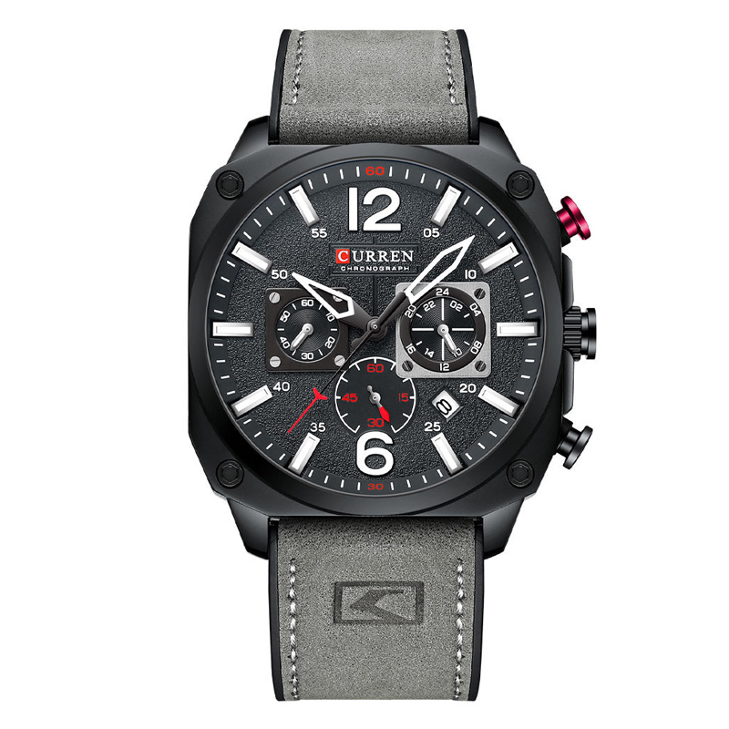 Curren 8398 Black Chronograph Dial Grey Leather Strap Sports Watch
