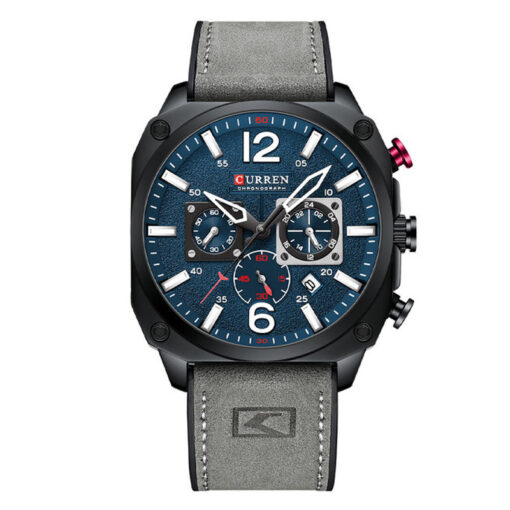Curren 8398 grey leather strap blue chronograph dial mens sports wrist watch