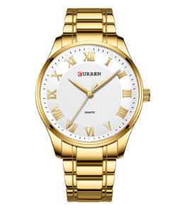 curren 8409 golden stainless steel white simple roman analog dial mens gift wrist watch