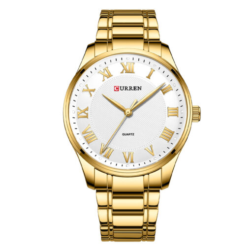 curren 8409 golden stainless steel white simple roman analog dial mens gift wrist watch