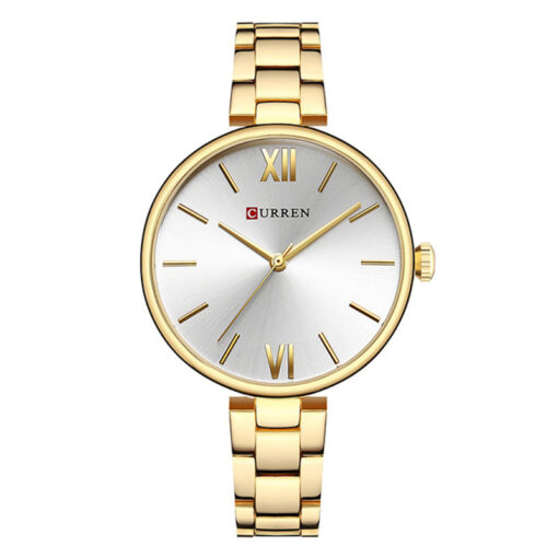 Curren 9017 golden stainless steel chain white big simple analog dial ladies budget range gift watch pakistan