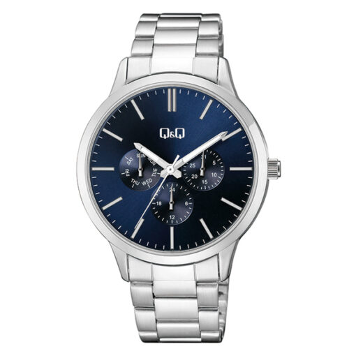 Q&Q A01A-002PY silver stainless steel blue multi hand dial mens sports wrist watch