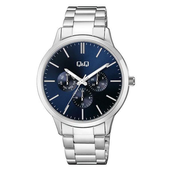 Q&Q A01A-002PY Blue Multi Hand Dial Silver Chain Quartz Watch