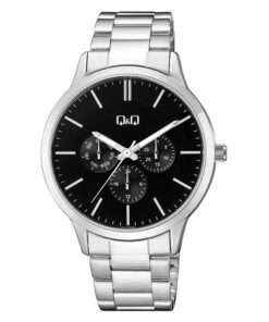 Q&Q A01A-003PY silver stainless steel black multi hand dial mens sports wrist watch