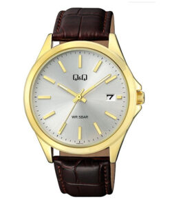 Q&Q A484J101Y brown leather strap grey analog dial mens gift wrist watch