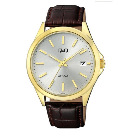 Q&Q A484J101Y brown leather strap grey analog dial mens gift wrist watch