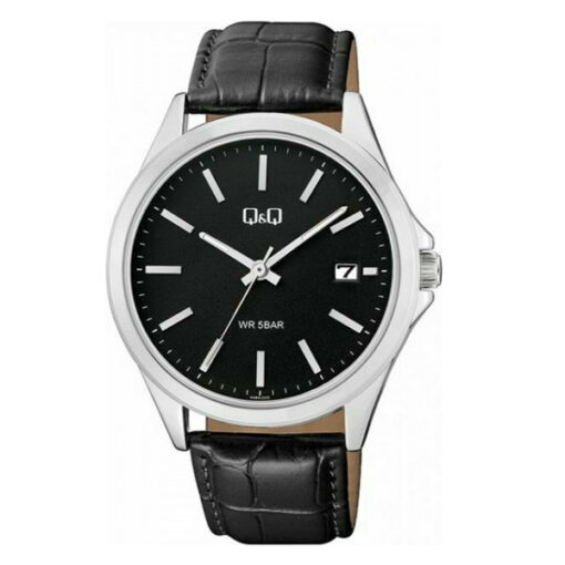 Q&Q A484J302Y black leather strap simple analog dial mens wrist watch