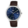 Q&Q A486J312Y brown leather strap blue analog dial mens dress wrist watch