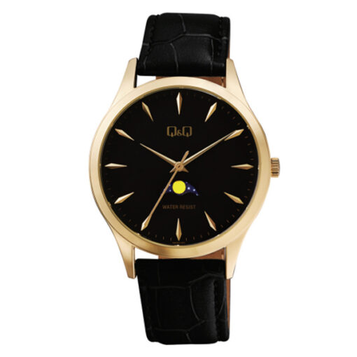 Q&Q AA30J102Y black leather strap black analog dial mens wrist watch