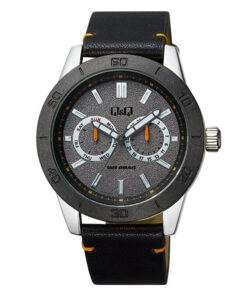 Q&Q AA34J302Y black leather strap grey multi hand dial mens sports wrist watch