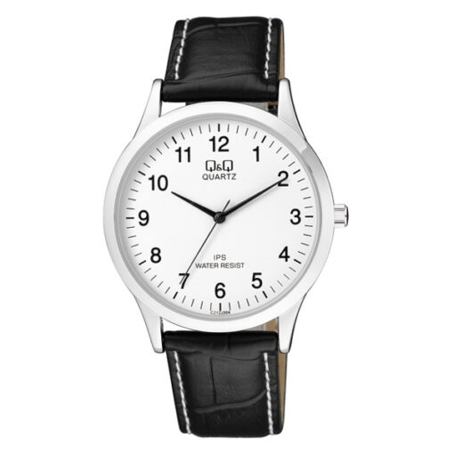 Q&Q C212J304Y black leather strap white numeric dial mens analog wrist watch