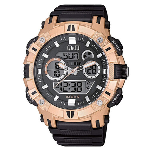 Q&Q GW88J006Y black resin strap black dial rose gold case mens analog digital sports wrist watch